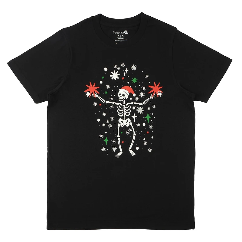 Black Festive Skeleton Adult Crew Neck T-Shirt by Celebrate It