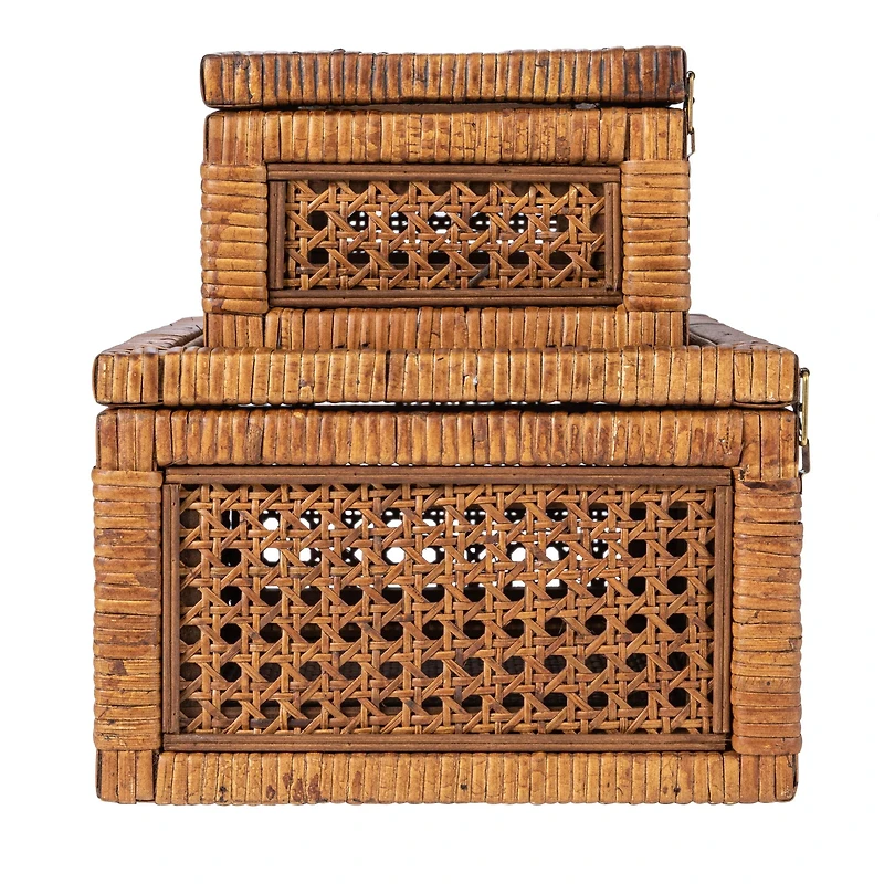 Hello Honey® Dark Brown Modern Decorative Rectangle Woven Rattan & Wood Display Box Set with Glass Top