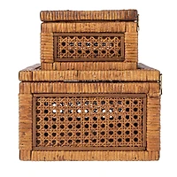 Hello Honey® Dark Brown Modern Decorative Rectangle Woven Rattan & Wood Display Box Set with Glass Top