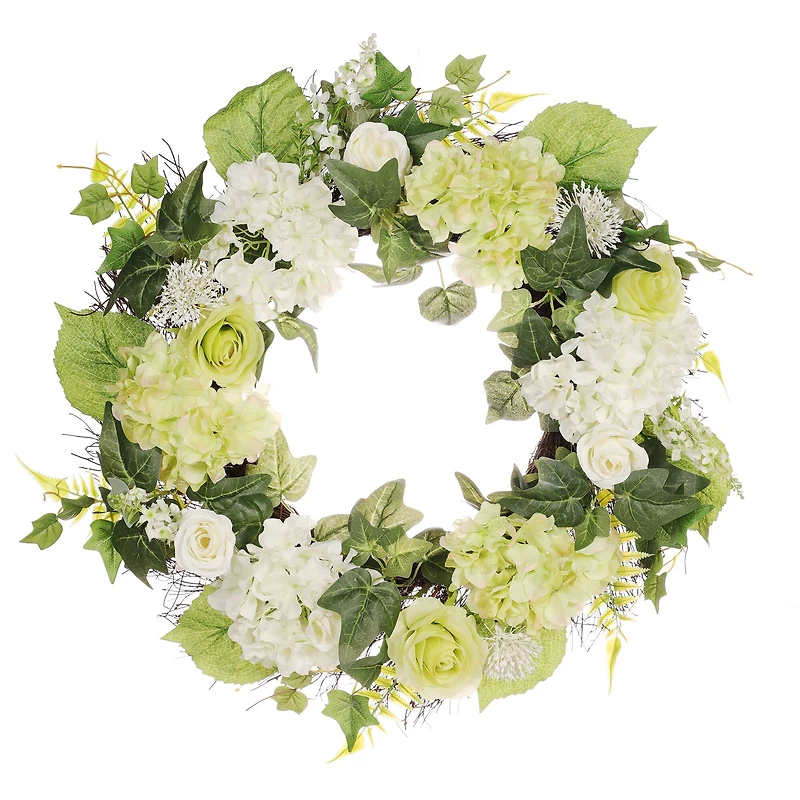 24" White Spring Hydrangea & Rose Wreath