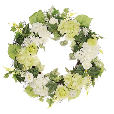 24" White Spring Hydrangea & Rose Wreath
