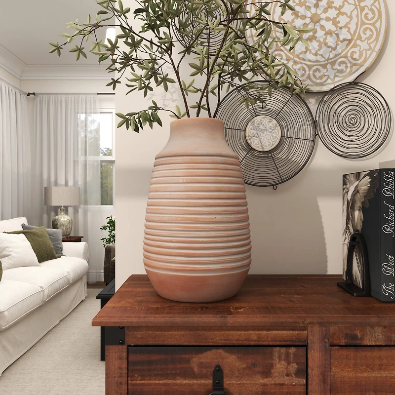 15" Pink Whitewashed Ribbed Terra Cotta Vase