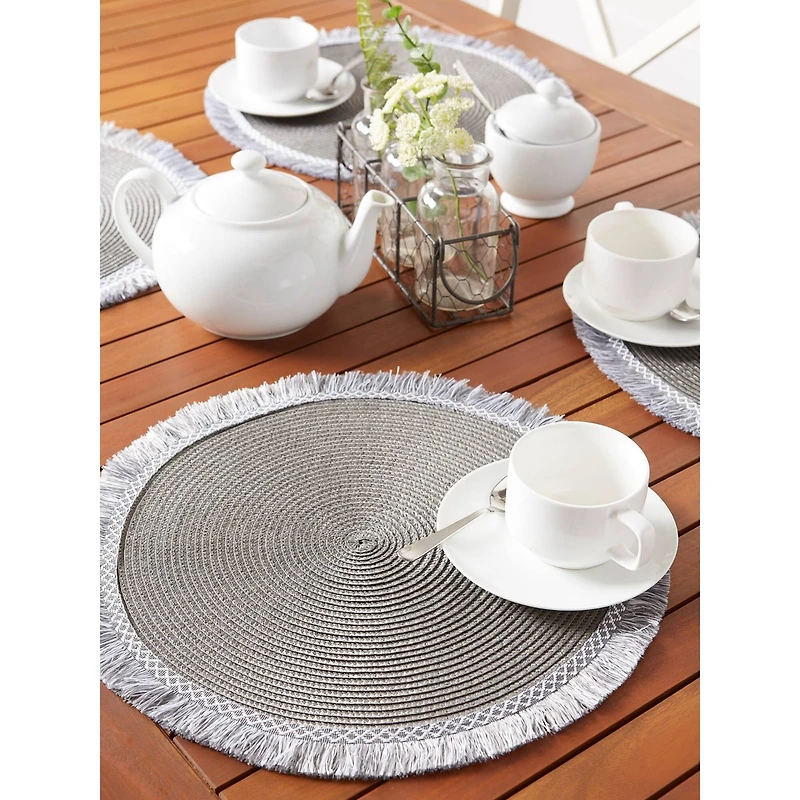 DII® 15" Round Gray Fringed Placemat Set, 6ct.