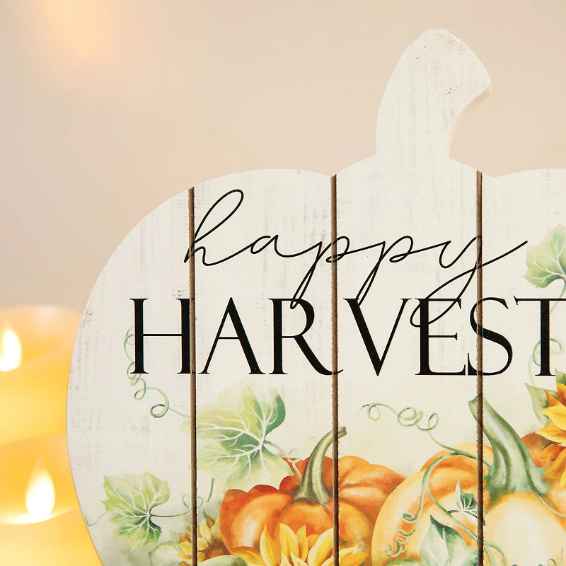 Glitzhome® 9.75" "Happy Harvest" Wooden Pumpkin Table Sign