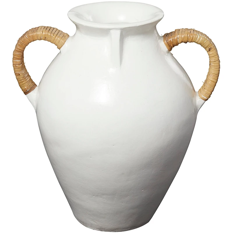 19" White Ceramic Jug Inspired Vase with Rattan Wrapped Handles