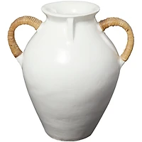 19" White Ceramic Jug Inspired Vase with Rattan Wrapped Handles