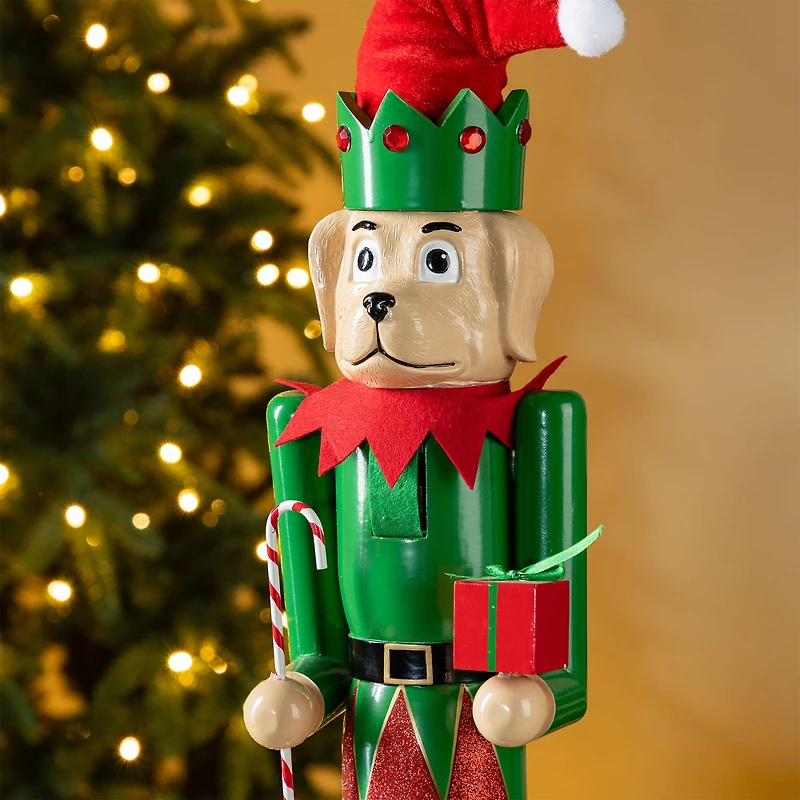 Glitzhome® 23.5"H Wooden Christmas Elf Dog Nutcracker