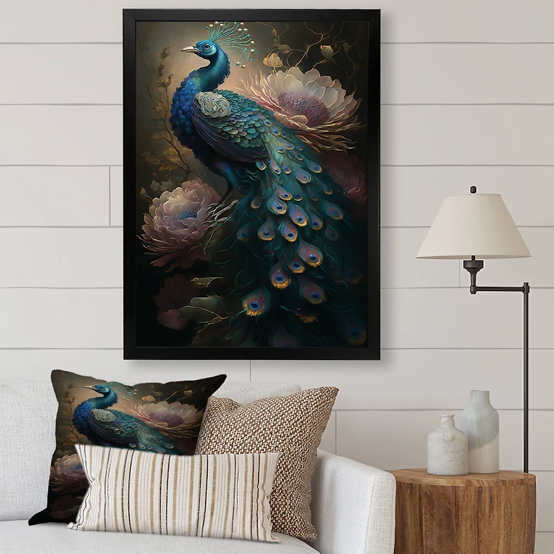 Designart 'Peacock With Flowers' Animals Framed Canvas Wall Art