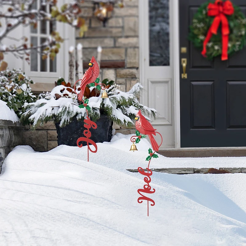 Glitzhome® 3ft. Metal Cardinal Joy & Noel with Bell Yard Stake Set