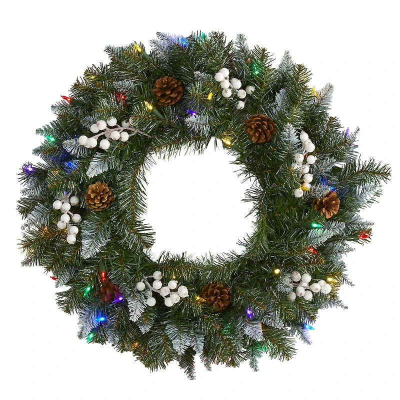 24" LED Snow Tipped Pinecone & White Berry Wreath