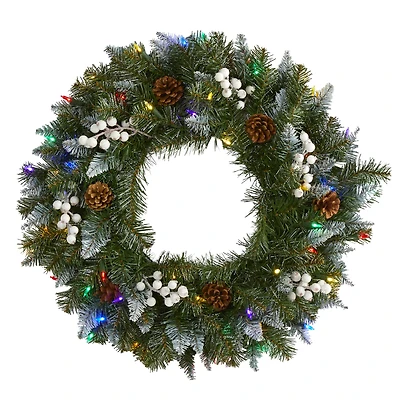 24" LED Snow Tipped Pinecone & White Berry Wreath