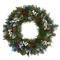 24" LED Snow Tipped Pinecone & White Berry Wreath