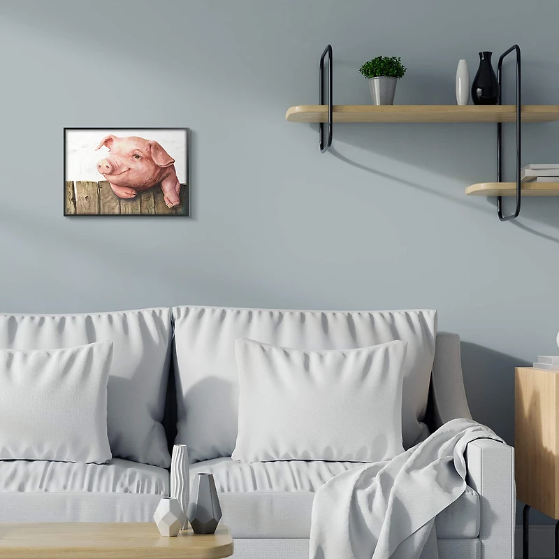 Stupell Industries Piglet on Wooden Fence Pink Farm Animal in Frame Wall Art