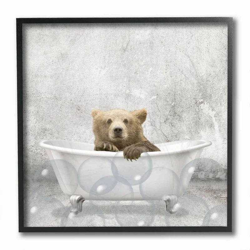Stupell Industries Baby Bear Bath Time Cute Animal Black Framed Wall Art