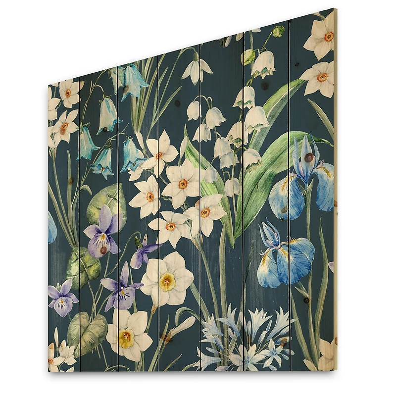 Designart - White and Blue Spring Flowers On Dark Blue