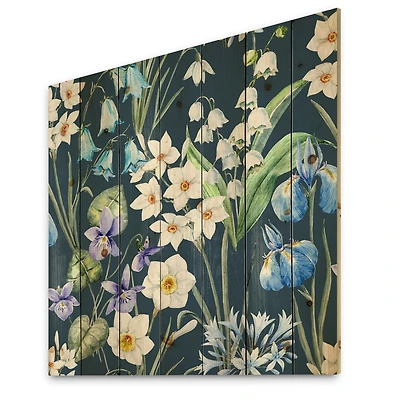 Designart - White and Blue Spring Flowers On Dark Blue