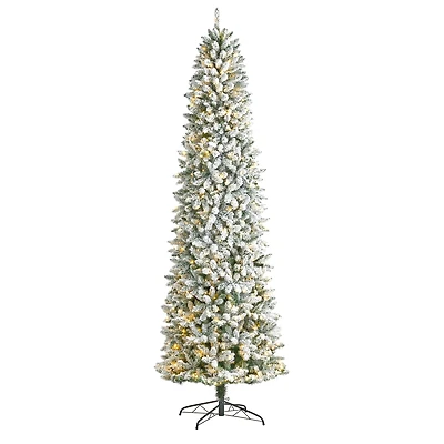 9ft. Pre-Lit Slim Flocked Montreal Fir Artificial Christmas Tree, White LED Lights