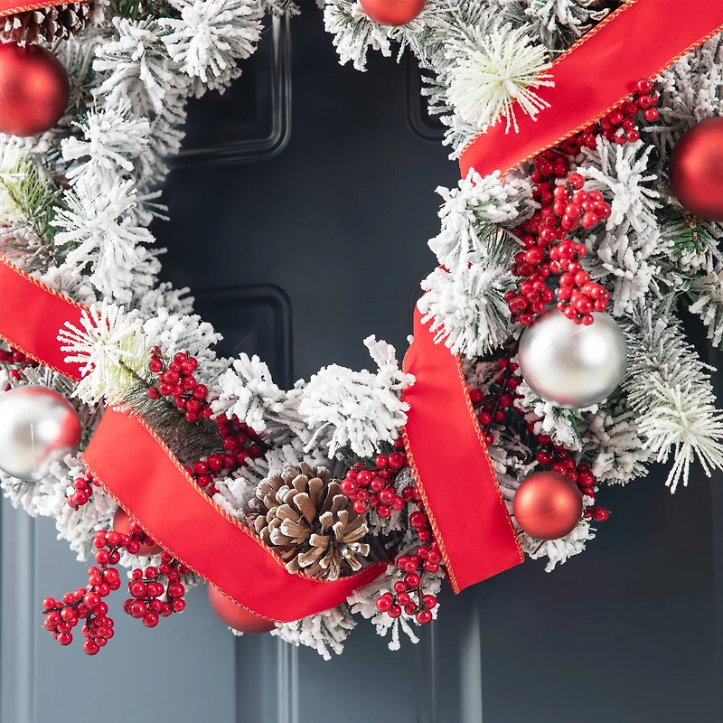 Glitzhome® 24" Flocked Berry, Pinecone & Ribbon Wreath