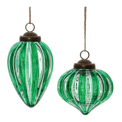 Green Ribbed Crackle Glass Ornament Set