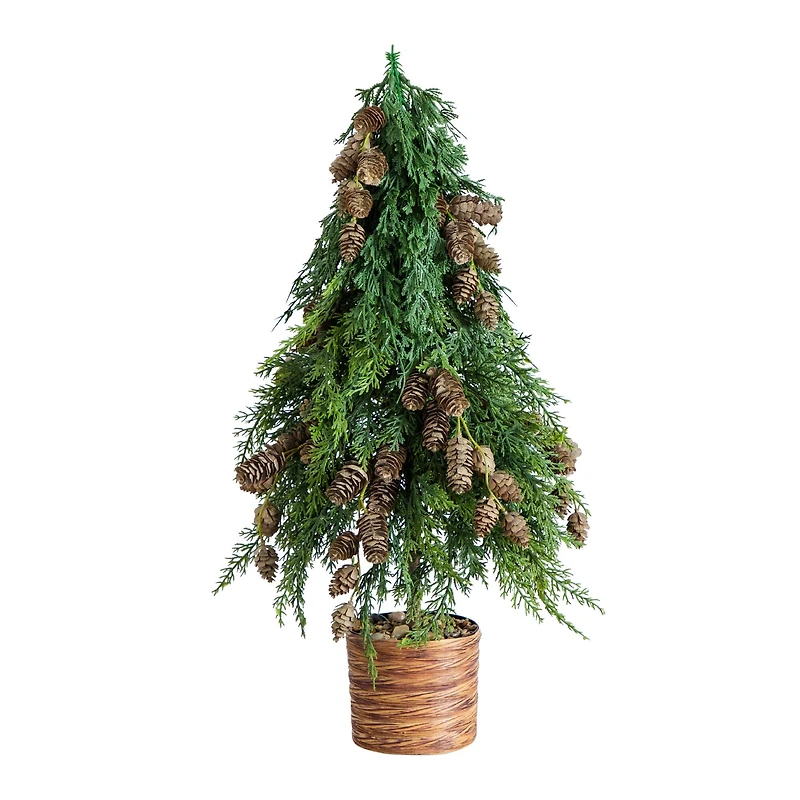 2ft. Artificial Down Swept Cedar Christmas Tree with Pinecones in Rustic Decorative Planter