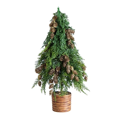 2ft. Artificial Down Swept Cedar Christmas Tree with Pinecones in Rustic Decorative Planter