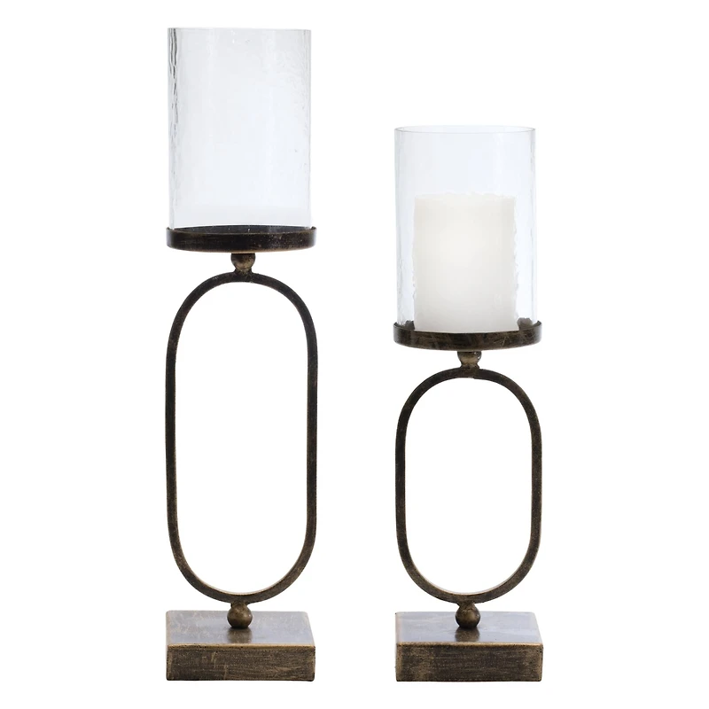 Modern Metal Candle Holder with Glass Hurricane Set, 16" & 18"