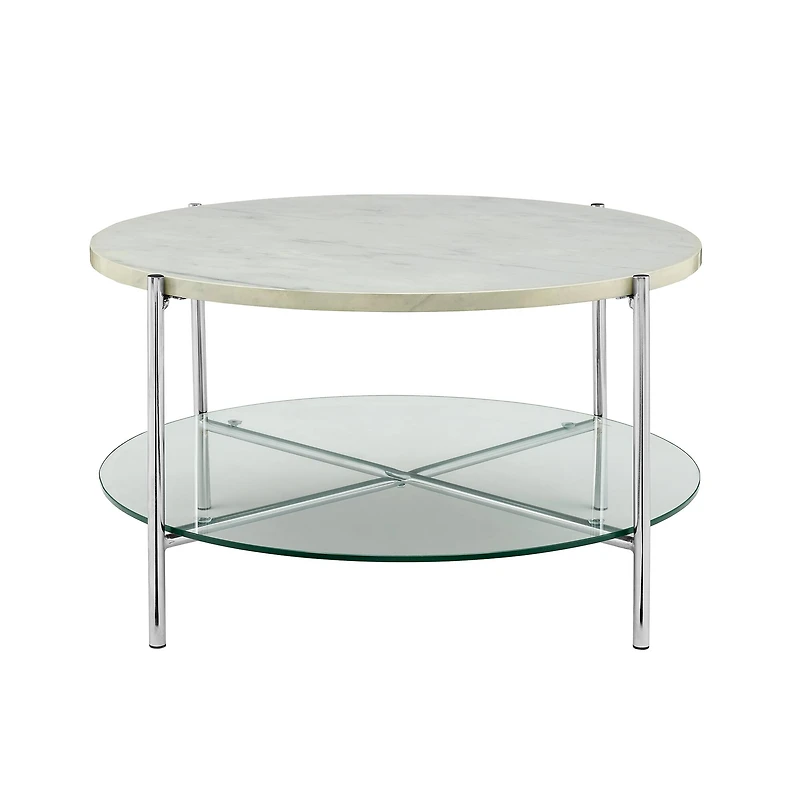 Faux White Marble, Glass & Chrome Modern Round Coffee Table 
