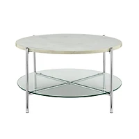Faux White Marble, Glass & Chrome Modern Round Coffee Table 