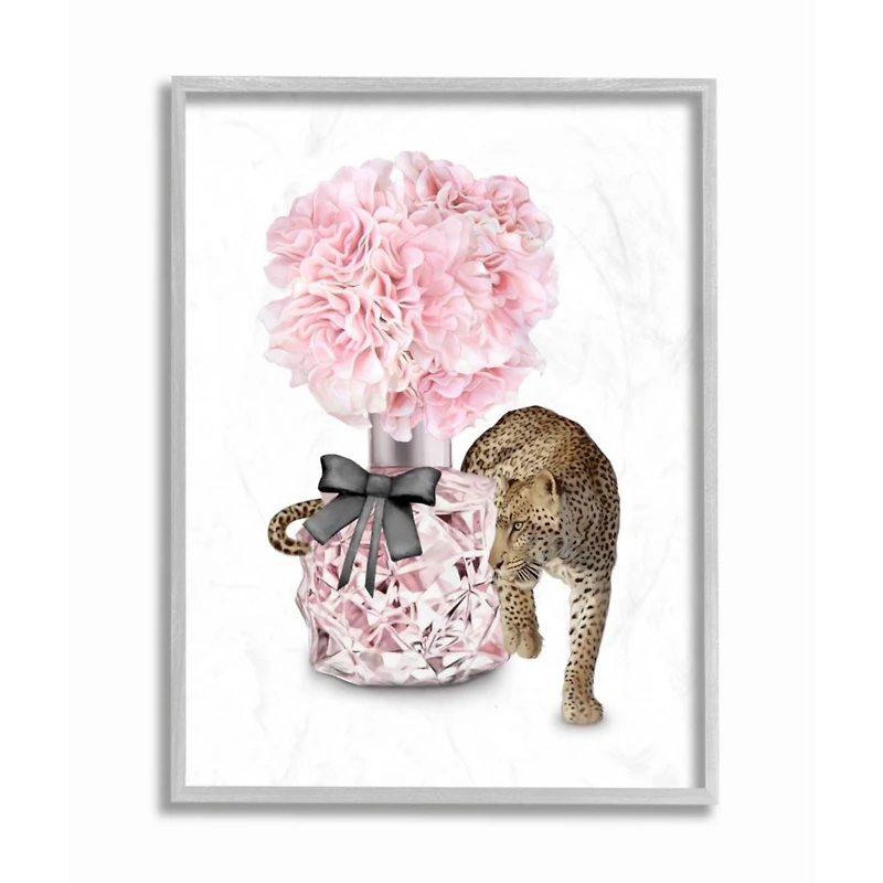 Stupell Industries Pink Fashion Floral Bouquet & Leopard Wall Art in Gray Frame