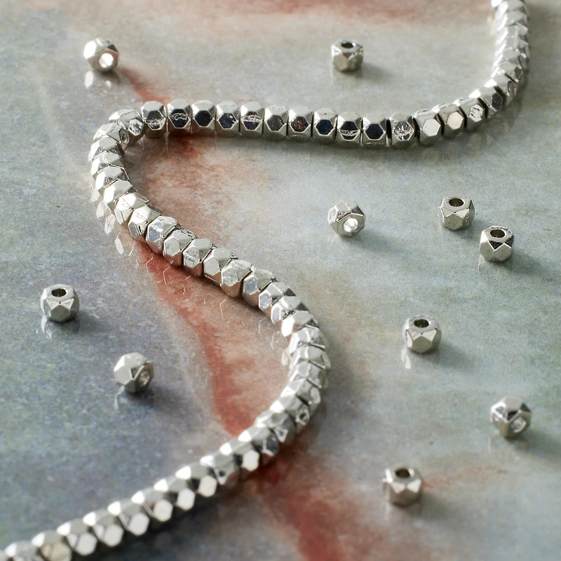 Rhodium Faceted Metal Cube Beads, 3mm by Bead Landing™