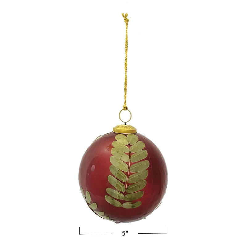 Hello Honey® 5" Red & Gold Embedded Eucalyptus Leaf Ball Glass Ornament