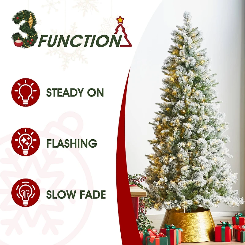 Glitzhome® 7.5ft Pre-Lit Flocked Slim Pine Artificial Christmas Tree, Warm White LED Lights