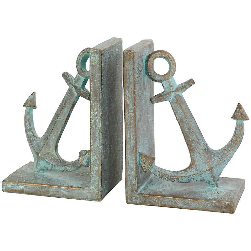8.5" Blue Polystone Anchor Distressed Patina Bookends with Gold Foil Accents Set