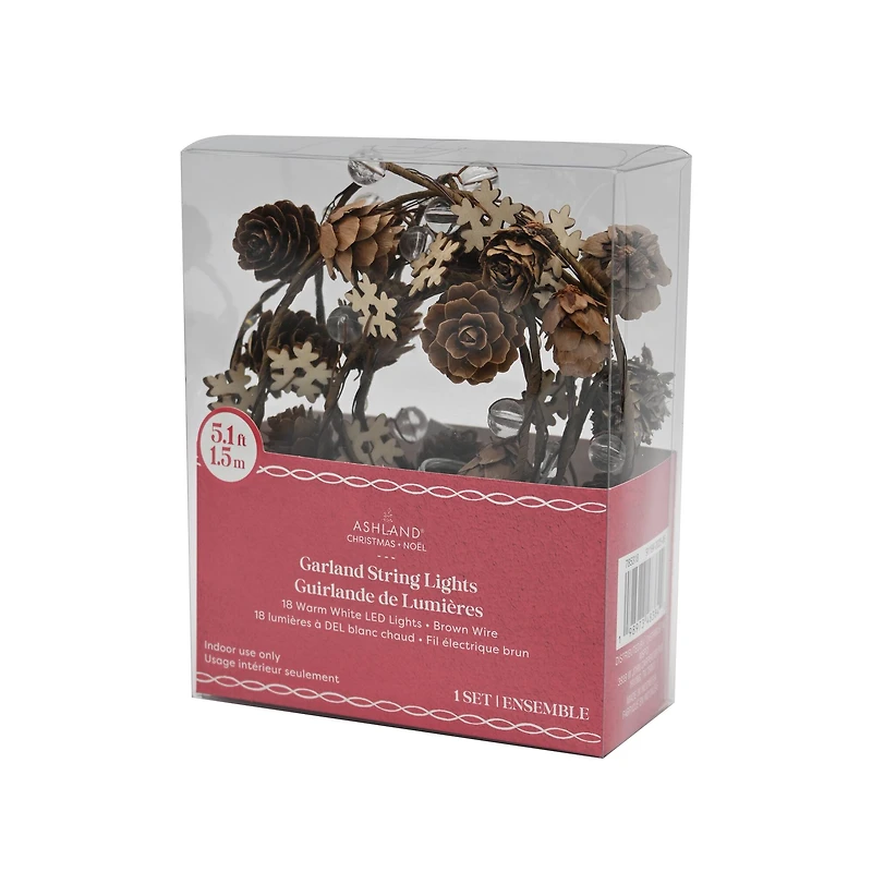 18ct. Warm White LED Pinecone & Snowflake Garland String Lights on Brown Wire by Ashland®