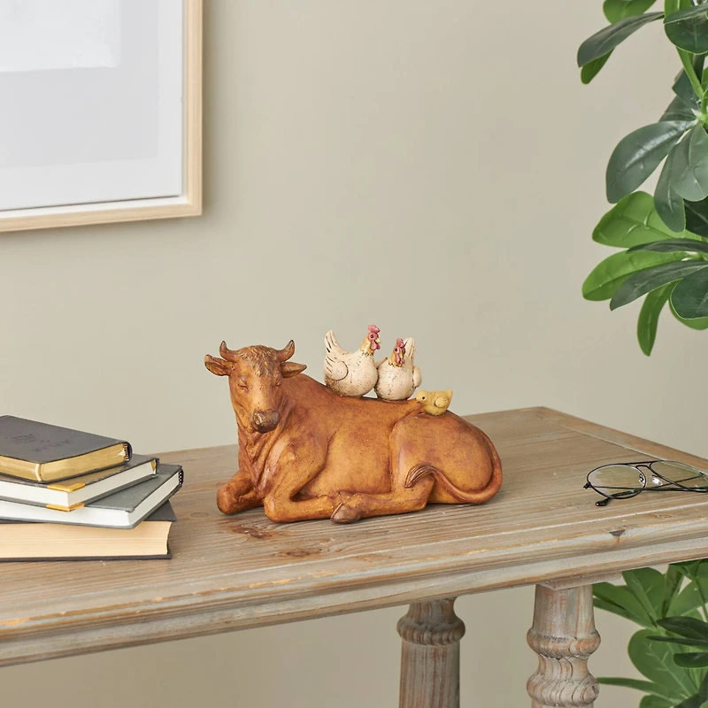 11.5" Copper Cow Decorative Sculpture with Sitting Roosters & Chicks