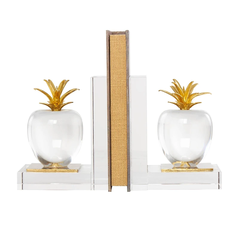 6" Clear Crystal Fruit Apple Bookends with Gold Leaves Set