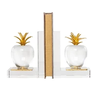 6" Clear Crystal Fruit Apple Bookends with Gold Leaves Set