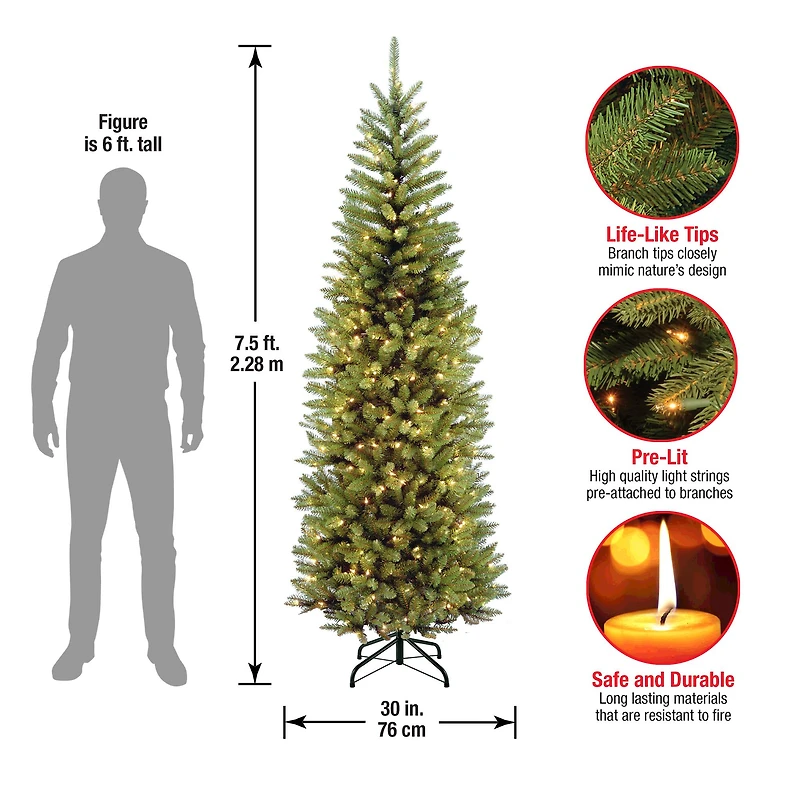 7.5ft. Pre-lit Kingswood Fir Pencil Artificial Christmas Tree, Clear Lights