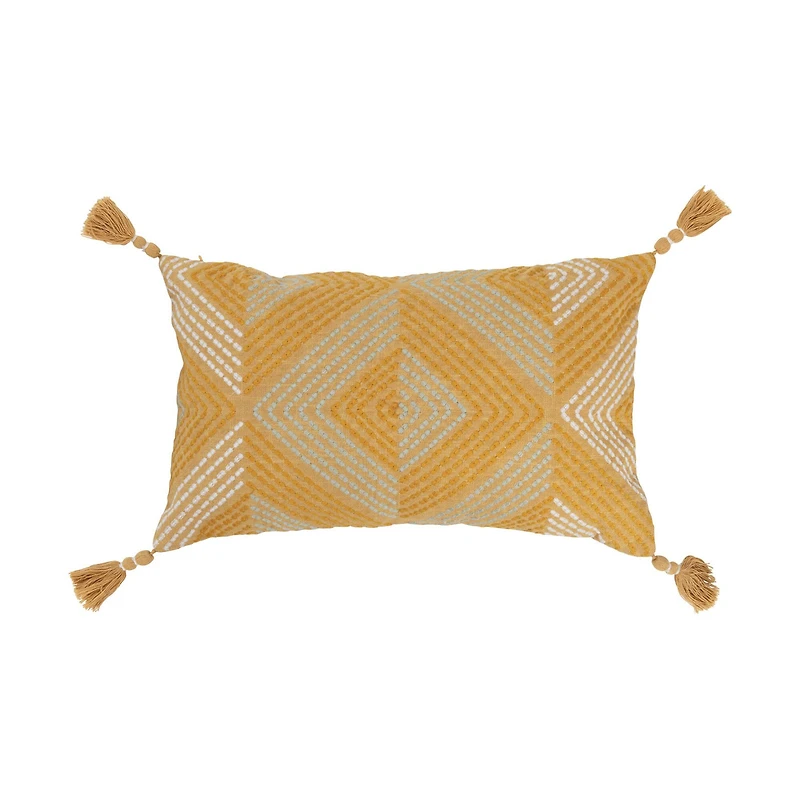 Hello Honey® Mustard Embroidered Cotton Lumbar Pillow with Tassels