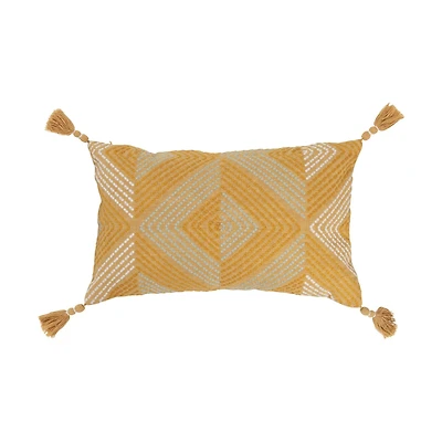 Hello Honey® Mustard Embroidered Cotton Lumbar Pillow with Tassels