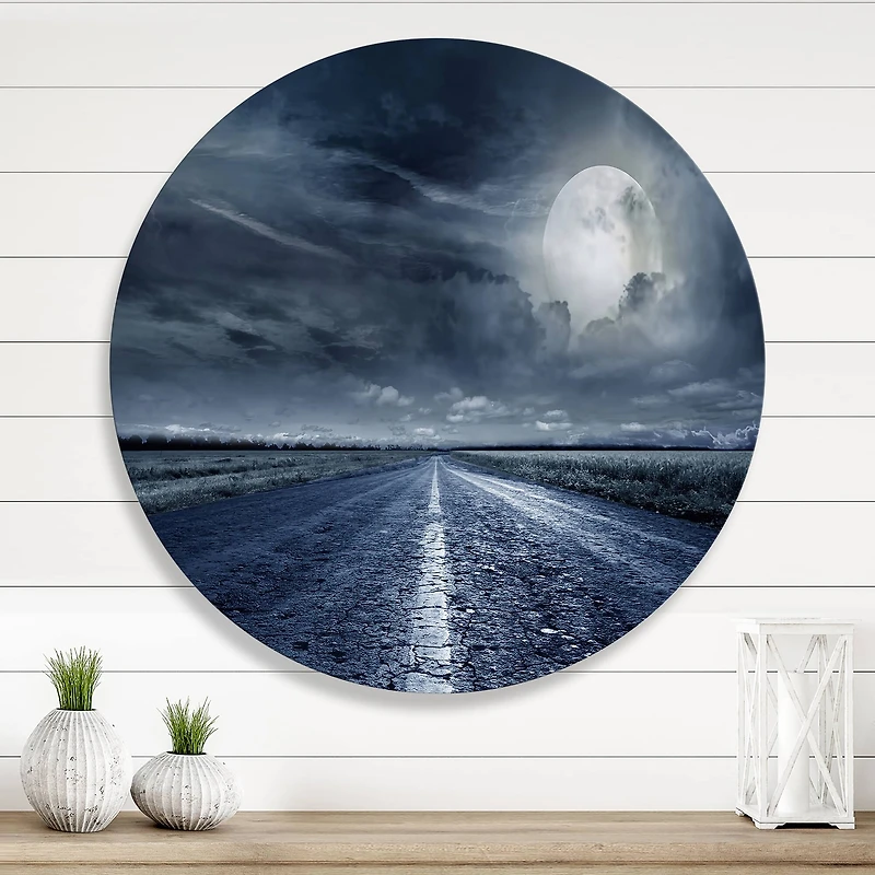 Designart - Asphalt Road Under Cloudy Full Moon II