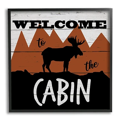 Stupell Industries Welcome To Cabin Phrase Rustic Moose Orange Mountains Framed Wall Art
