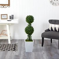 3.5ft. Boxwood Double Ball Topiary Artificial Tree in White Metal Planter(Indoor/Outdoor)
