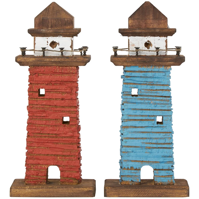 10" Red & Blue Wood Light Housee Sculpture Set