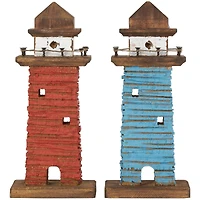10" Red & Blue Wood Light Housee Sculpture Set