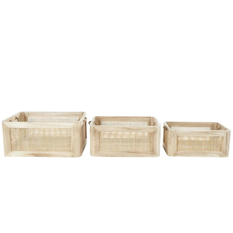 Light Brown Rattan Woven Basket with Rope Handles