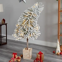 5ft. Pre-Lit Winter Flocked Leaning Artificial Christmas Tree in Decorative Planter, White LED Lights