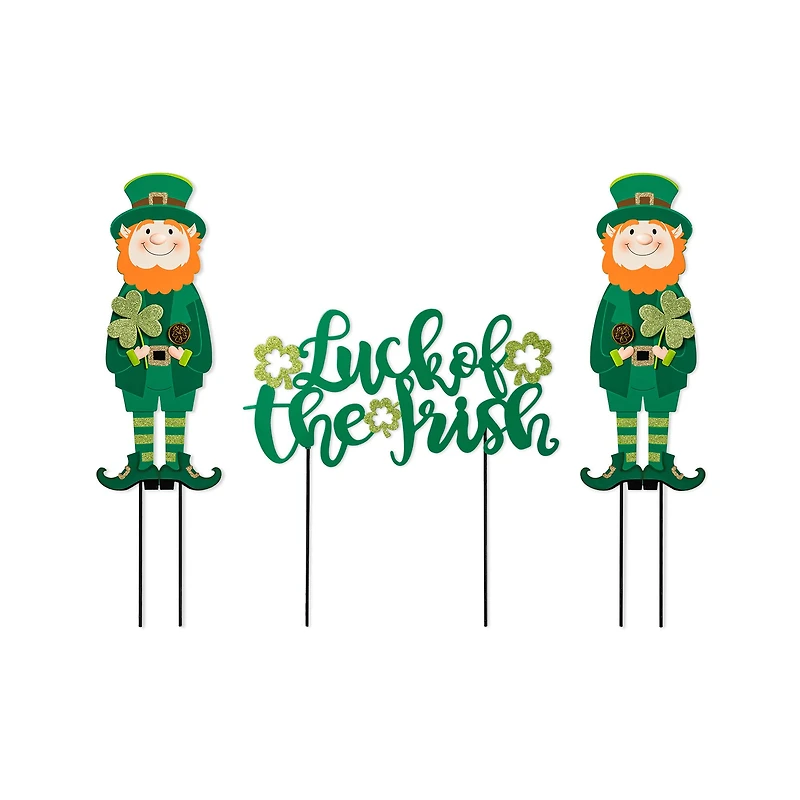 Glitzhome® 26" St. Patrick's Metal Leprechaun & Luck of the Irish Yard Stake Set