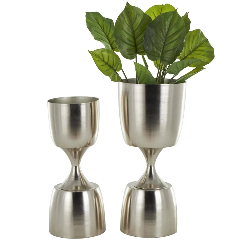 Silver Hourglass Shaped Metal Planter Set with Elevated Base