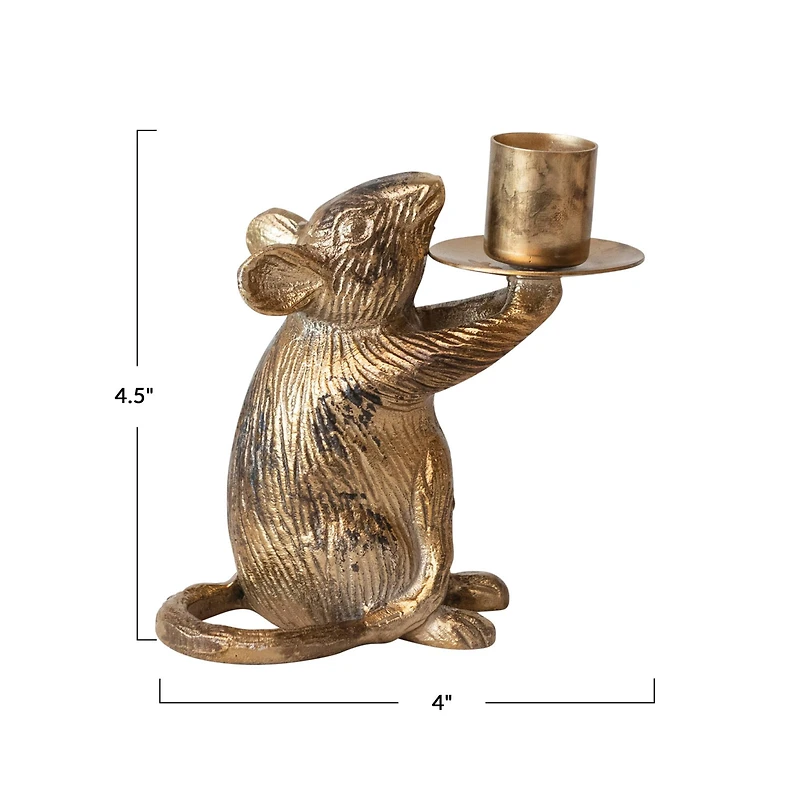 Hello Honey® 4.5" Antique Gold Finish Cast Aluminum Mouse Taper Candle Holder
